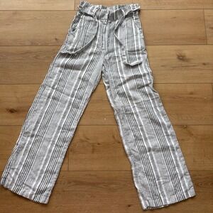 C&C California 100% Linen Wide Leg Striped Pants Grey White High Waist Size 4